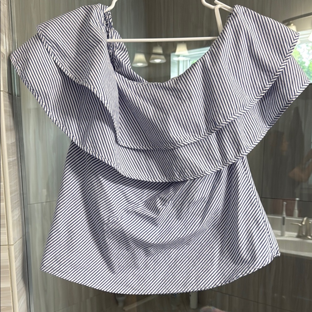 White House Black Market blue and white striped Off-Shoulder Women's Top